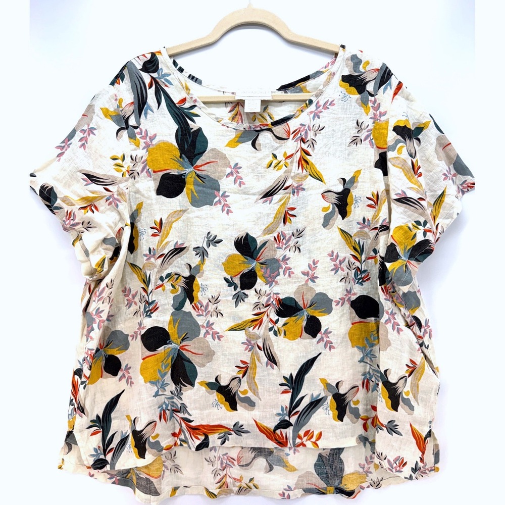 Linen Floral Garden Party Boxy Blouse Sz 2X Artsy Boho Top Summer Lagenlook